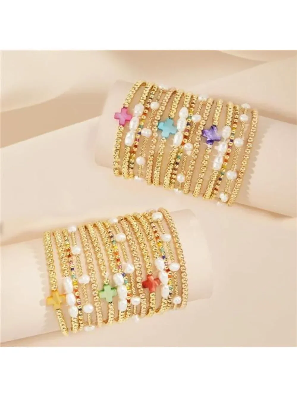 Gold Pearl Beaded Cross Bracelet Set Stretch Boho Layered Christian Jewelry